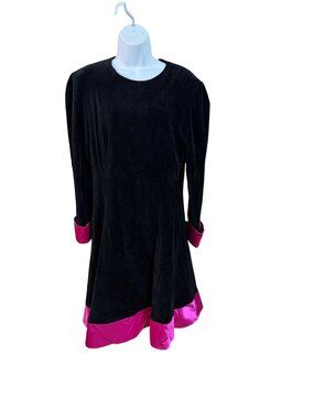 Escada Vintage Black Velvet Dress With Pink Satin Trim & Gold Button Accent Size
